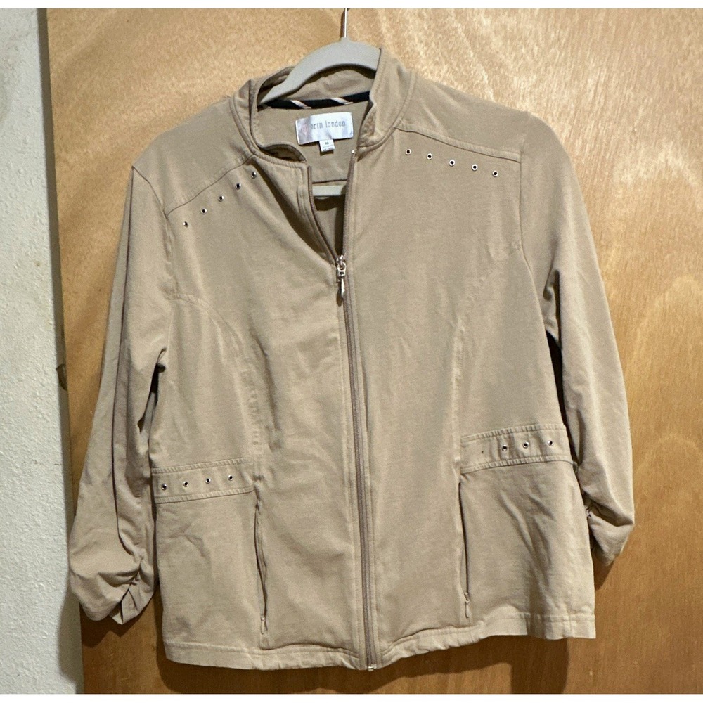 Ern London Women's Beige Studded Full Zip Jacket w/ Pocket Short M flaw last pic
